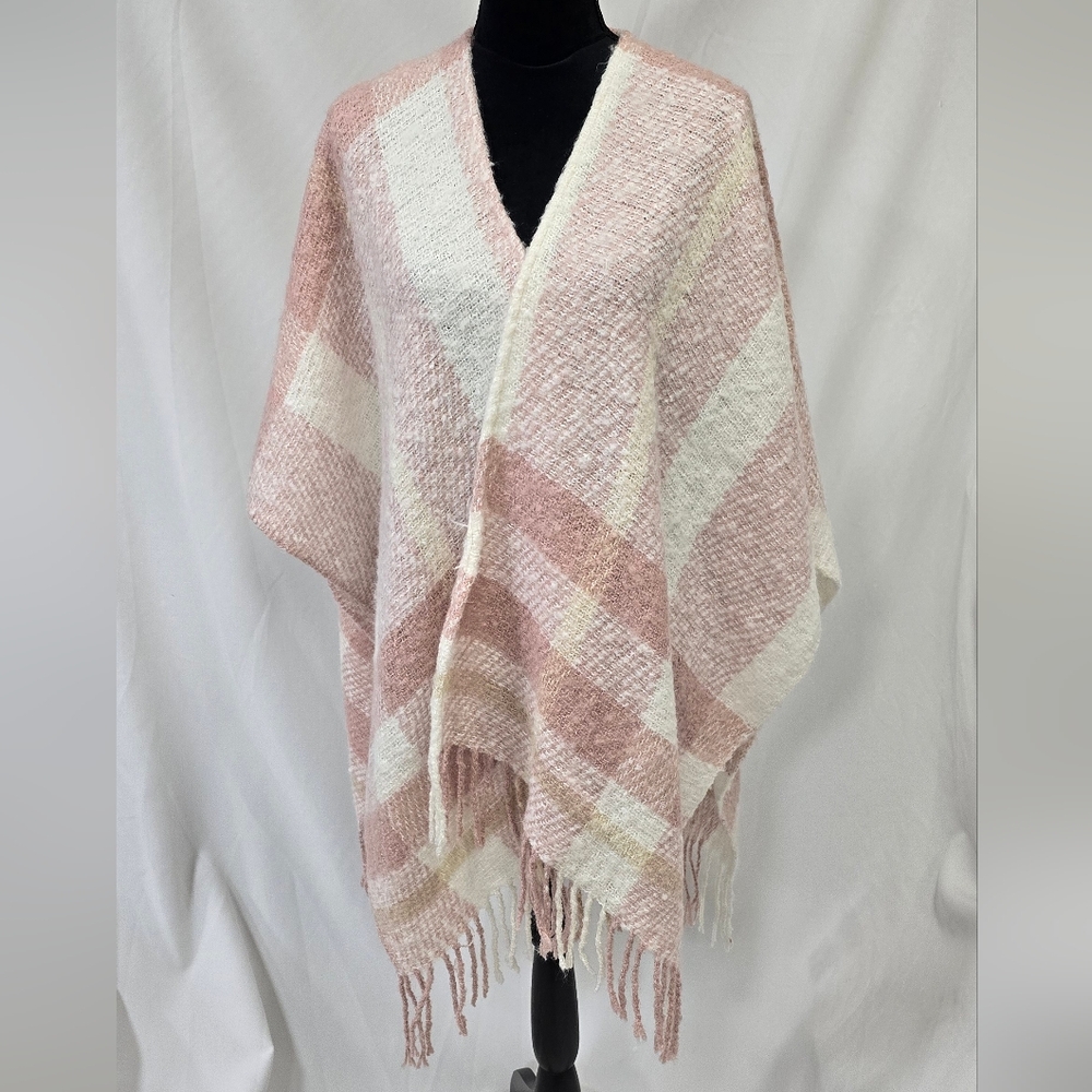 LC Lauren Conrad women one size pink plaid knit wrap fringe shawl‎ cozy cowgirl